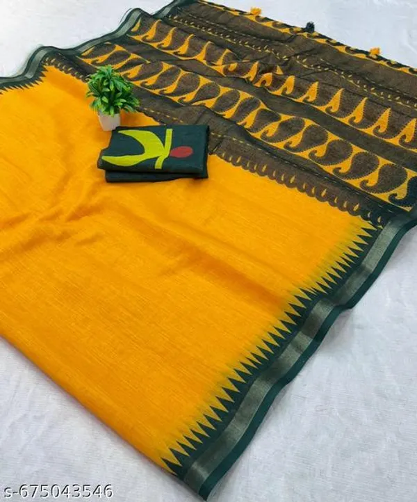Yellow_Stylish_Linen_Saree_For_Women_Soft_Fabric_With_Designer_Pallu_Border_Daily_Wear_Saree