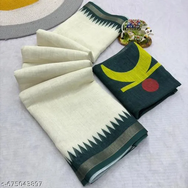White_Soft_Linen_Saree_For_Women_With_Designer_Border_And_Matching_Blouse_Piece