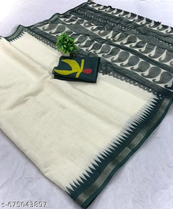 White_Soft_Linen_Saree_For_Women_With_Designer_Border_And_Matching_Blouse_Piece