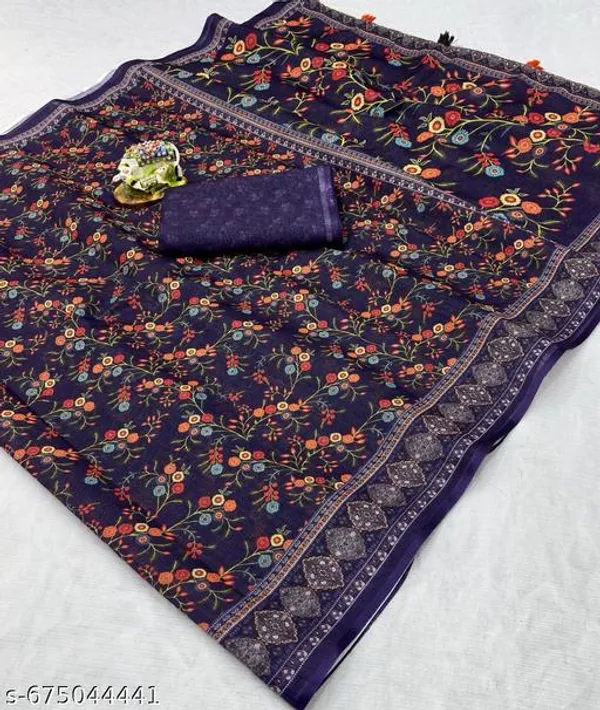 Blue_Premium_Floral_Printed_Linen_Saree_For_Women_Border_Linen_Saree_With_Blouse_Piece_Lightweight_Office_Casual_Wear