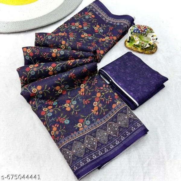 Blue_Premium_Floral_Printed_Linen_Saree_For_Women_Border_Linen_Saree_With_Blouse_Piece_Lightweight_Office_Casual_Wear