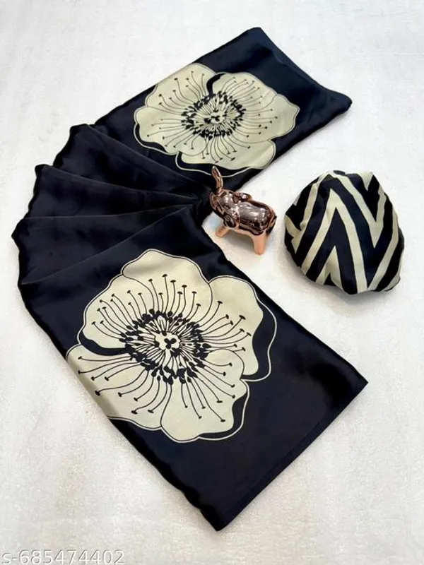 Black_Modal_Satin_Designer_Floral_Printed_Saree_With_Ikat_Print_Blouse_Soft_Lightweight_Casual_Office_Daily_Wear_Saree_For_Women