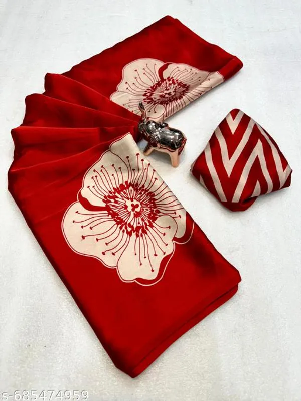 Red_Modal_Satin_Designer_Floral_Printed_Saree_With_Ikat_Print_Blouse_Soft_Lightweight_Casual_Office_Daily_Wear_Saree_For_Women