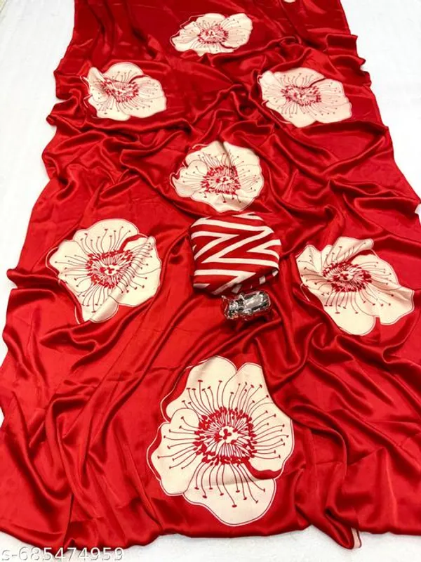 Red_Modal_Satin_Designer_Floral_Printed_Saree_With_Ikat_Print_Blouse_Soft_Lightweight_Casual_Office_Daily_Wear_Saree_For_Women