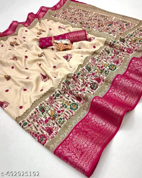 White_Kashmiri_Design_Muslin_Cotton_Saree_With_Zari_Border_And_Running_Blouse