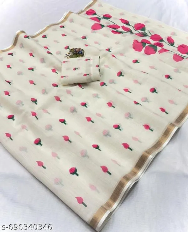 White_Linen_Saree_For_Women_With_Floral_Print_Golden_Border_Lightweight_Daily_Wear_Office_Wear_Linen_Saree_With_Running_Blouse
