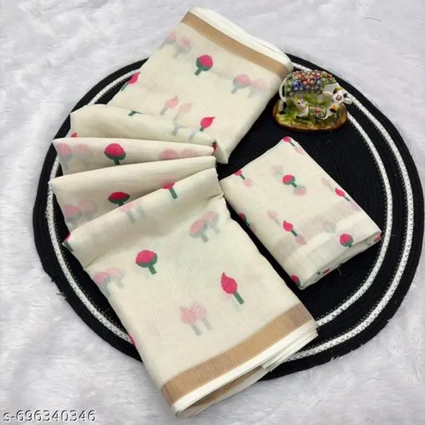 White_Linen_Saree_For_Women_With_Floral_Print_Golden_Border_Lightweight_Daily_Wear_Office_Wear_Linen_Saree_With_Running_Blouse