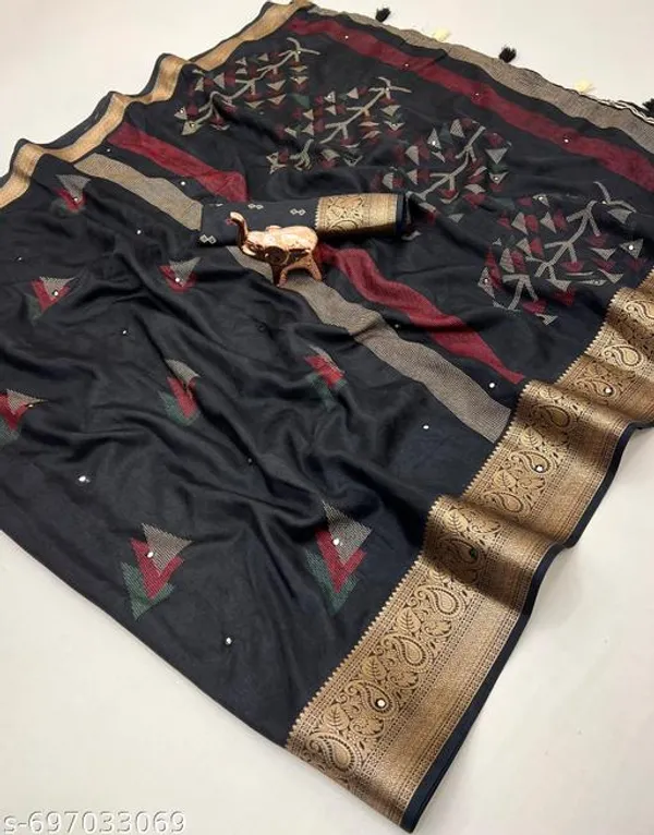 Black_Muslin_Cotton_Kashmiri_Design_Saree_In_Black_With_Self_Jacquard_Print_Paper_Mirror_Work_Rich_Zari_Border_Festive_Party_Wear_Saree_With_Blouse