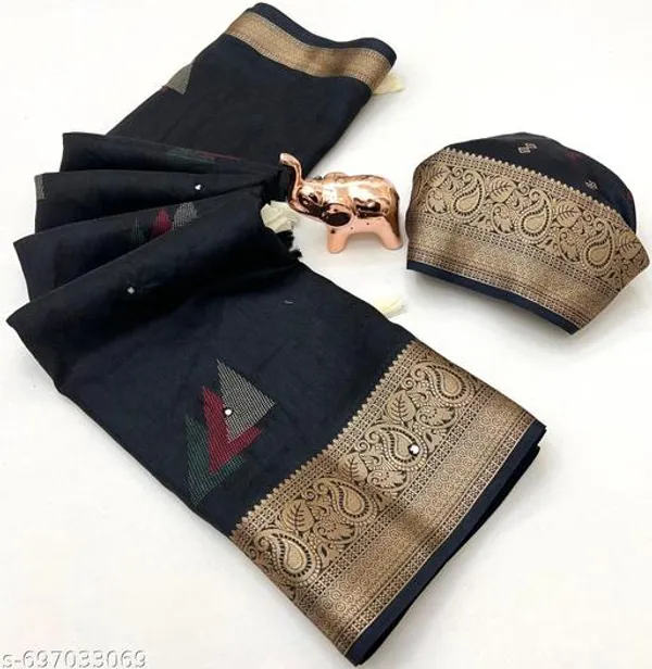 Black_Muslin_Cotton_Kashmiri_Design_Saree_In_Black_With_Self_Jacquard_Print_Paper_Mirror_Work_Rich_Zari_Border_Festive_Party_Wear_Saree_With_Blouse