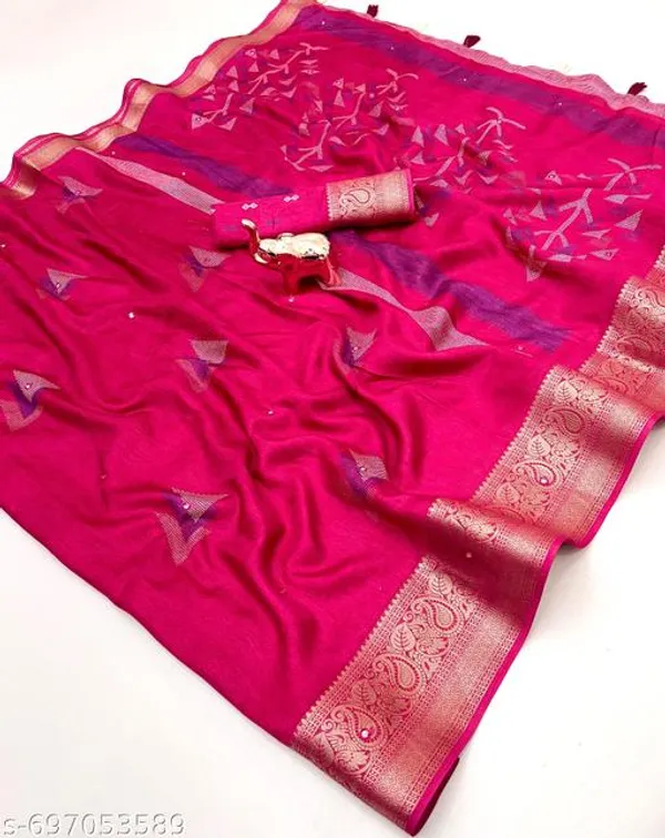 Red_Muslin_Cotton_Kashmiri_Design_Saree_In_Pink_With_Self_Jacquard_Print_Paper_Mirror_Work_Rich_Zari_Border_Festive_Party_Wear_Saree_With_Blouse