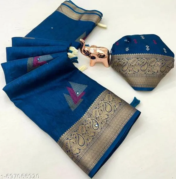 Blue_Muslin_Cotton_Kashmiri_Design_Saree_In_Blue_With_Self_Jacquard_Print_Paper_Mirror_Work_Rich_Zari_Border_Festive_Party_Wear_Saree_With_Blouse