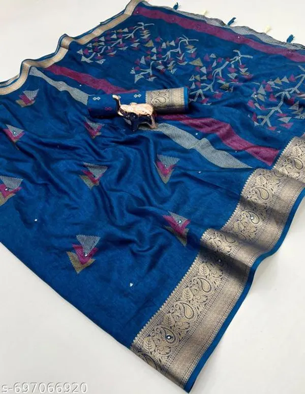 Blue_Muslin_Cotton_Kashmiri_Design_Saree_In_Blue_With_Self_Jacquard_Print_Paper_Mirror_Work_Rich_Zari_Border_Festive_Party_Wear_Saree_With_Blouse