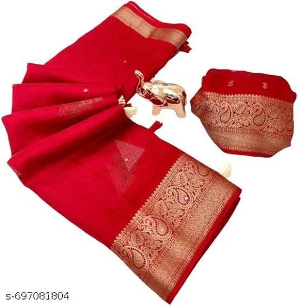 Red_Muslin_Cotton_Kashmiri_Design_Saree_In_Red_With_Self_Jacquard_Print_Paper_Mirror_Work_Rich_Zari_Border_Festive_Party_Wear_Saree_With_Blouse