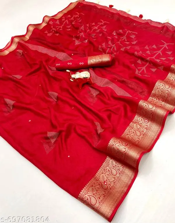 Red_Muslin_Cotton_Kashmiri_Design_Saree_In_Red_With_Self_Jacquard_Print_Paper_Mirror_Work_Rich_Zari_Border_Festive_Party_Wear_Saree_With_Blouse