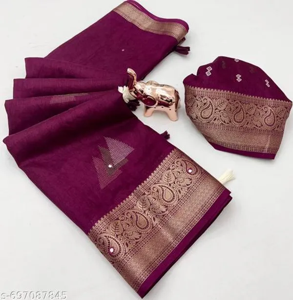 Purple_Muslin_Cotton_Kashmiri_Design_Saree_In_Wine_Colour_With_Self_Jacquard_Print_Paper_Mirror_Work_Zari_Border_Festive_Party_Wear_Saree_With_Blouse