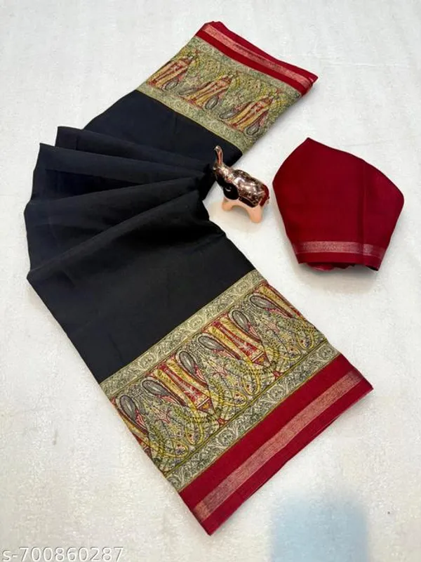 Green_Mul_Cotton_Saree_For_Women_With_Kalamkari_Print_Rich_Border_Soft_Lightweight_Daily_Wear_Festive_Wear_Saree_With_Running_Blouse