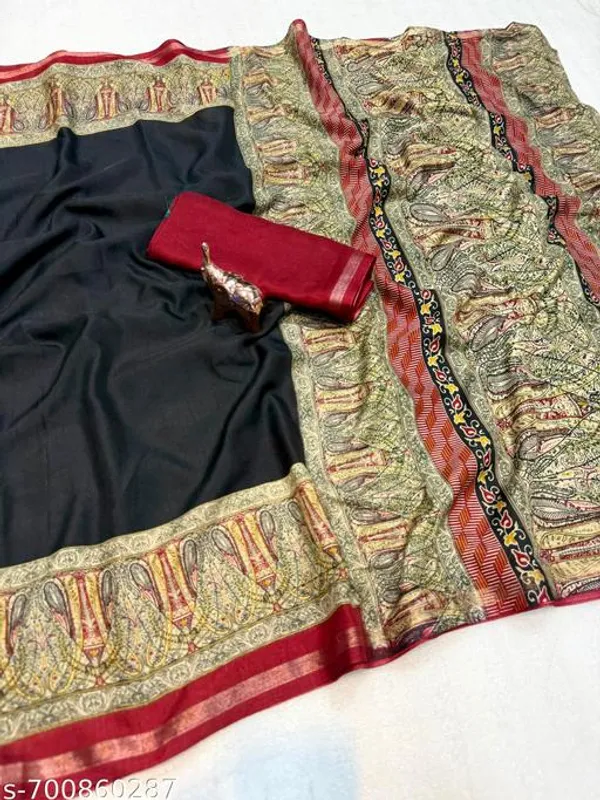 Green_Mul_Cotton_Saree_For_Women_With_Kalamkari_Print_Rich_Border_Soft_Lightweight_Daily_Wear_Festive_Wear_Saree_With_Running_Blouse