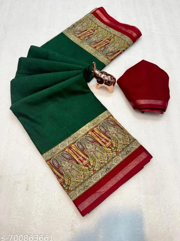 Green_Mulmul_Cotton_Saree_For_Women_With_Kalamkari_Printed_Border_Rich_Pallu_Soft_Lightweight_Daily_Wear_Festive_Wear_Mul_Cotton_Saree_With_Blouse