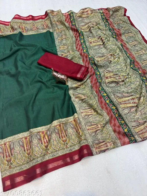 Green_Mulmul_Cotton_Saree_For_Women_With_Kalamkari_Printed_Border_Rich_Pallu_Soft_Lightweight_Daily_Wear_Festive_Wear_Mul_Cotton_Saree_With_Blouse
