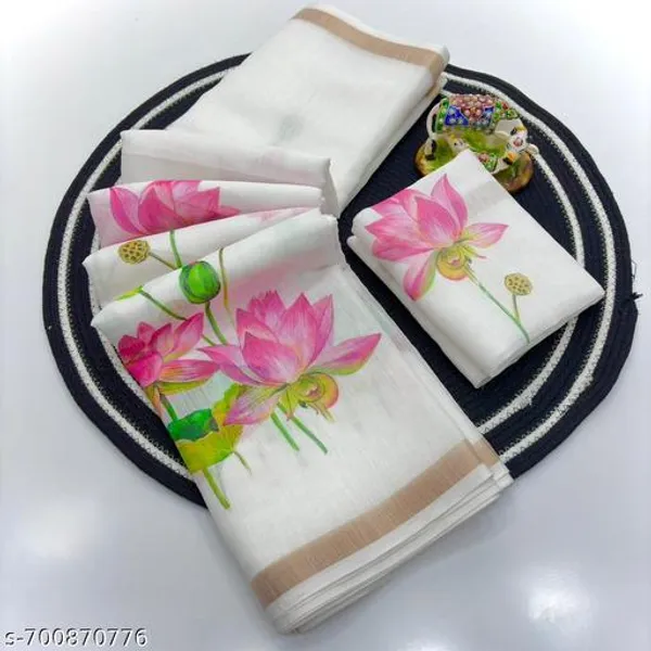White_Linen_Saree_For_Women_With_Floral_Digital_Print_Border_Lightweight_Daily_Wear_Office_Wear_Linen_Saree_With_Running_Blouse