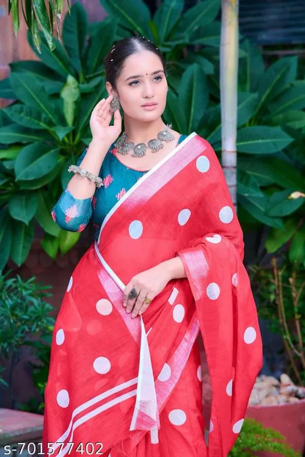 Red_Premium_Linen_Polka_Dot_Printed_Saree_For_Women_With_Running_Blouse_Lightweight_Soft_Daily_Wear_Saree