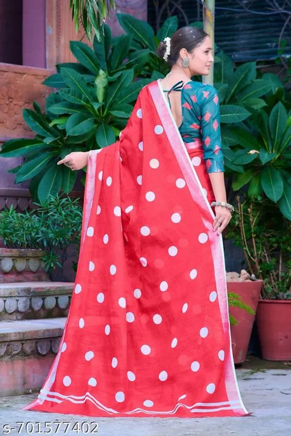Red_Premium_Linen_Polka_Dot_Printed_Saree_For_Women_With_Running_Blouse_Lightweight_Soft_Daily_Wear_Saree
