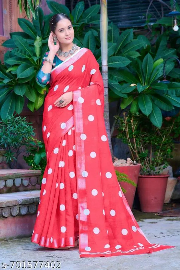 Red_Premium_Linen_Polka_Dot_Printed_Saree_For_Women_With_Running_Blouse_Lightweight_Soft_Daily_Wear_Saree