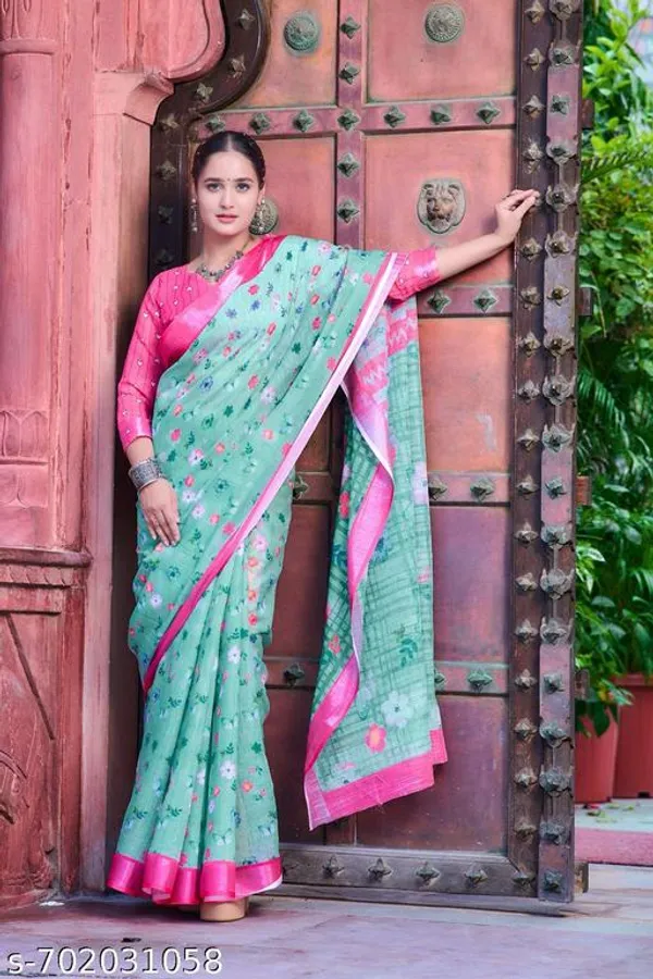 Blue_And_Pink_Premium_Linen_Floral_Printed_Saree_With_Contrast_Pink_Border_Running_Blouse_Lightweight_Daily_Wear_Saree
