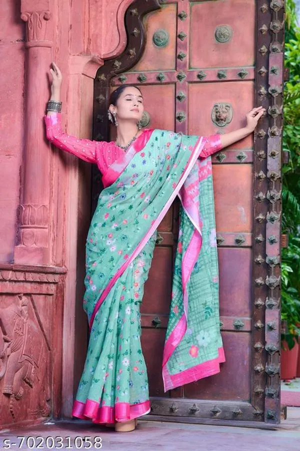 Blue_And_Pink_Premium_Linen_Floral_Printed_Saree_With_Contrast_Pink_Border_Running_Blouse_Lightweight_Daily_Wear_Saree