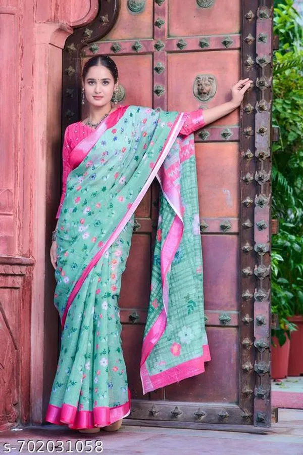 Blue_And_Pink_Premium_Linen_Floral_Printed_Saree_With_Contrast_Pink_Border_Running_Blouse_Lightweight_Daily_Wear_Saree