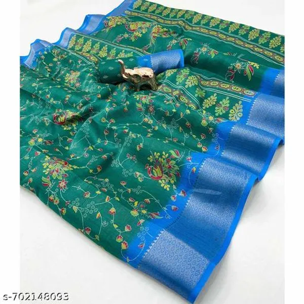 Green_Pure_Erode_Silk_Floral_Printed_Saree_With_Rich_Blue_Zari_Border_Running_Blouse_Festive_Traditional_Wear_Saree