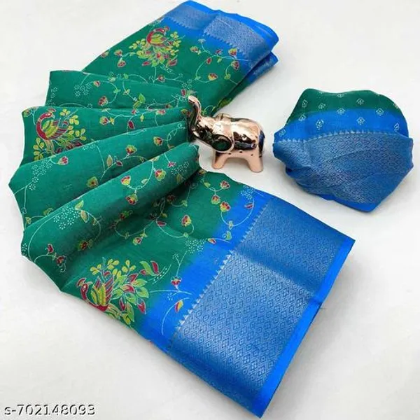 Green_Pure_Erode_Silk_Floral_Printed_Saree_With_Rich_Blue_Zari_Border_Running_Blouse_Festive_Traditional_Wear_Saree