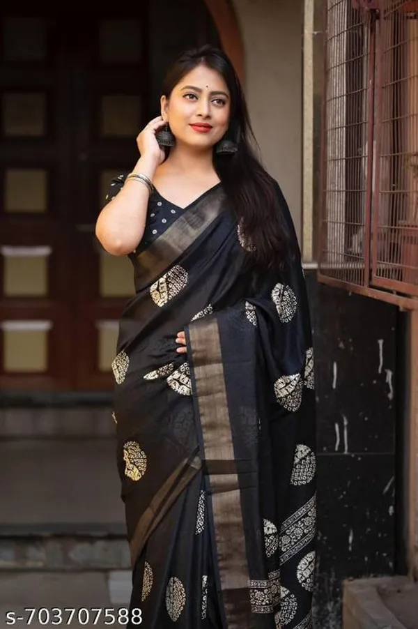Black_Soft_Cotton_Crepe_Printed_Saree_With_Border_Lightweight_Daily_Festive_Wear_Saree_For_Women