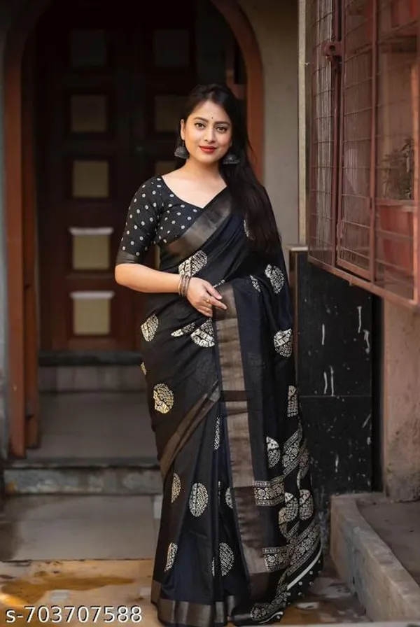 Black_Soft_Cotton_Crepe_Printed_Saree_With_Border_Lightweight_Daily_Festive_Wear_Saree_For_Women