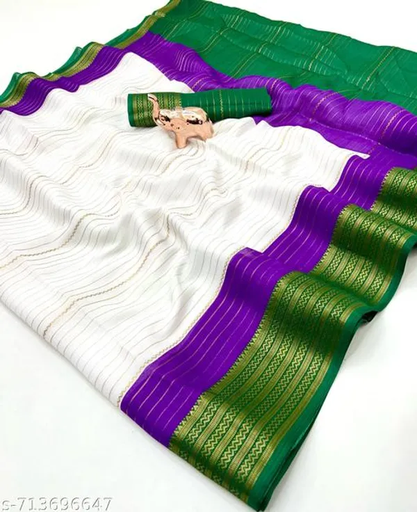 White_Pure_Soft_Marshmallow_Saree_With_All_Over_Lining_Zari_Weaving_Green_Jacquard_Woven_Border_Festive_Traditional_Saree_With_Blouse