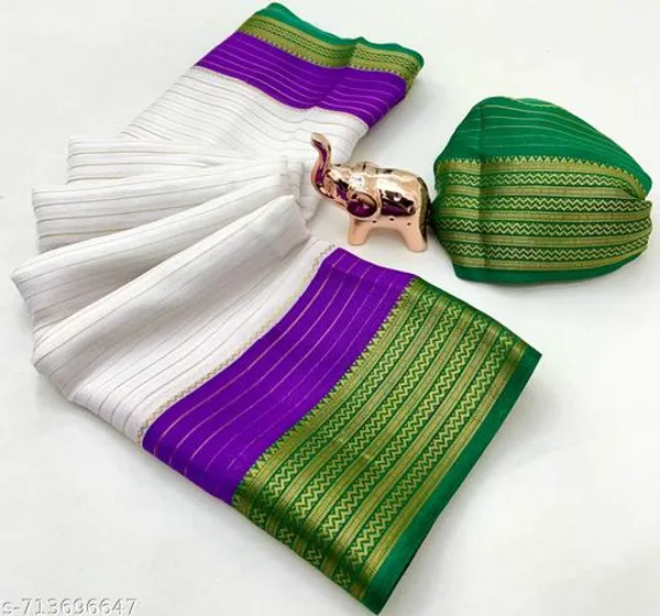 White_Pure_Soft_Marshmallow_Saree_With_All_Over_Lining_Zari_Weaving_Green_Jacquard_Woven_Border_Festive_Traditional_Saree_With_Blouse