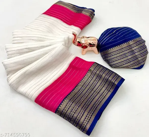 White_Pure_Soft_Marshmallow_Saree_With_All_Over_Lining_Zari_Weaving_Navy_Blue_Jacquard_Border_Festive_Traditional_Saree_With_Blouse
