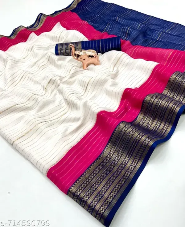 White_Pure_Soft_Marshmallow_Saree_With_All_Over_Lining_Zari_Weaving_Navy_Blue_Jacquard_Border_Festive_Traditional_Saree_With_Blouse