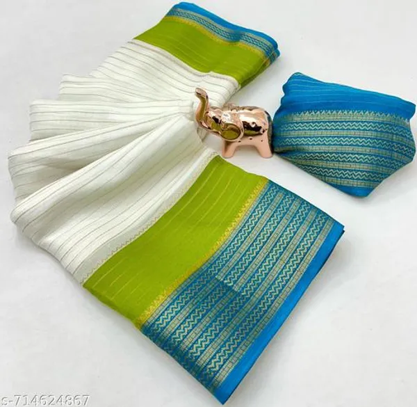 White_Pure_Soft_Marshmallow_Saree_In_Ivory_With_Green_Blue_Contrast_All_Over_Lining_Zari_Weaving_Jacquard_Woven_Border_With_Blouse