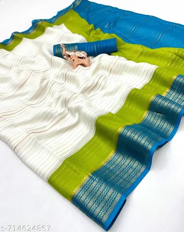 White_Pure_Soft_Marshmallow_Saree_In_Ivory_With_Green_Blue_Contrast_All_Over_Lining_Zari_Weaving_Jacquard_Woven_Border_With_Blouse