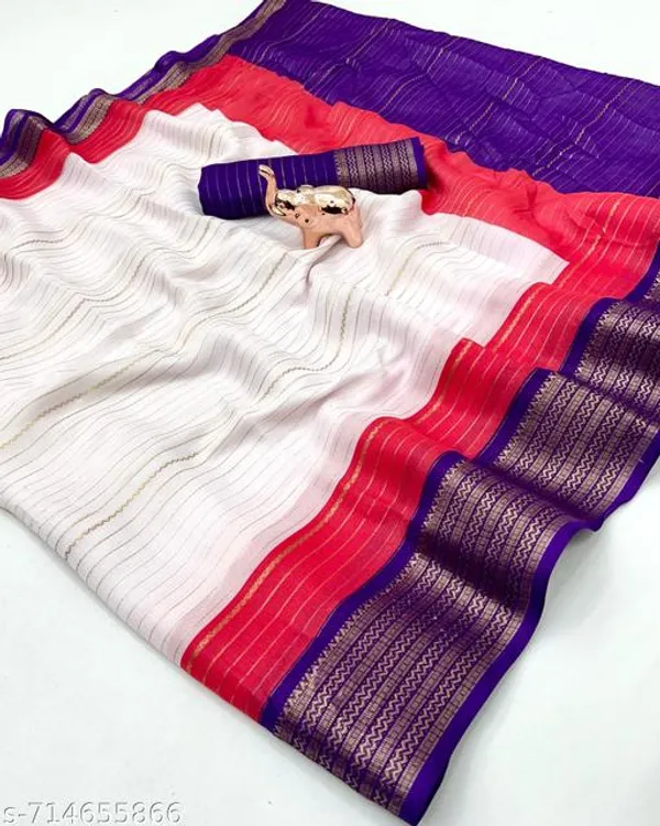 White_Pure_Soft_Marshmallow_Saree_In_Ivory_With_Red_Purple_Contrast_All_Over_Lining_Zari_Weaving_Jacquard_Woven_Border_With_Blouse