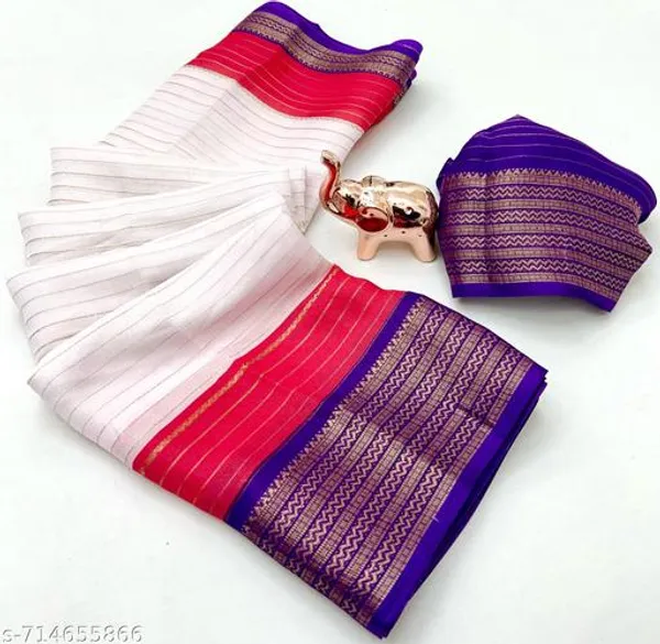 White_Pure_Soft_Marshmallow_Saree_In_Ivory_With_Red_Purple_Contrast_All_Over_Lining_Zari_Weaving_Jacquard_Woven_Border_With_Blouse