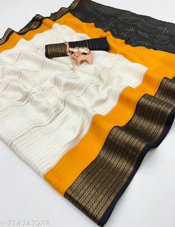 White_Pure_Soft_Marshmallow_Saree_In_Ivory_With_Mustard_Black_Contrast_All_Over_Lining_Zari_Weaving_Jacquard_Woven_Border_With_Blouse