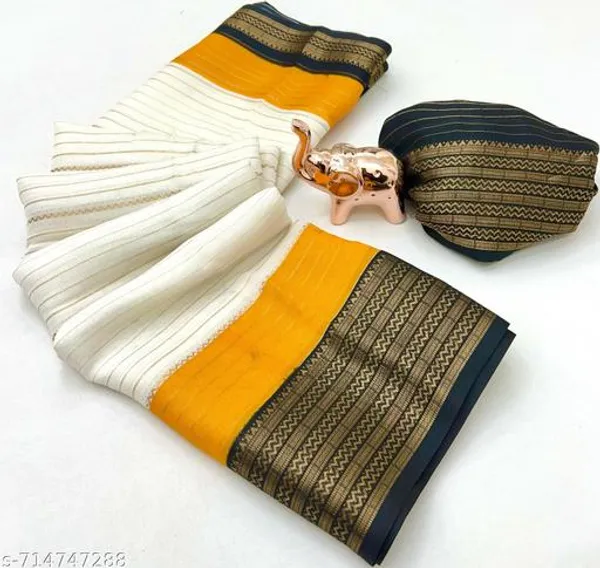 White_Pure_Soft_Marshmallow_Saree_In_Ivory_With_Mustard_Black_Contrast_All_Over_Lining_Zari_Weaving_Jacquard_Woven_Border_With_Blouse