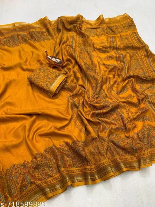 Yellow_Pure_Soft_Tussar_Kashmiri_Printed_Saree_For_Women_With_Rich_Pallu_Fancy_Golden_Border_Designer_Saree_With_Blouse_Lightweight_Festive_Party_Wear_Saree