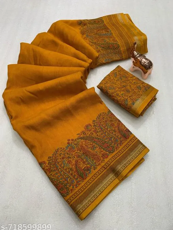 Yellow_Pure_Soft_Tussar_Kashmiri_Printed_Saree_For_Women_With_Rich_Pallu_Fancy_Golden_Border_Designer_Saree_With_Blouse_Lightweight_Festive_Party_Wear_Saree