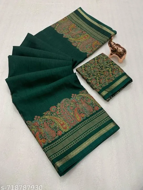 Green_Pure_Soft_Tussar_Kashmiri_Printed_Saree_For_Women_With_Rich_Pallu_Fancy_Golden_Border_Designer_Saree_With_Blouse_Festive_Party_Wear_Saree