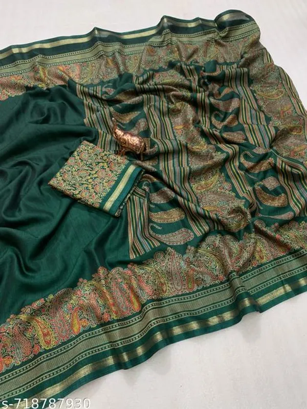 Green_Pure_Soft_Tussar_Kashmiri_Printed_Saree_For_Women_With_Rich_Pallu_Fancy_Golden_Border_Designer_Saree_With_Blouse_Festive_Party_Wear_Saree