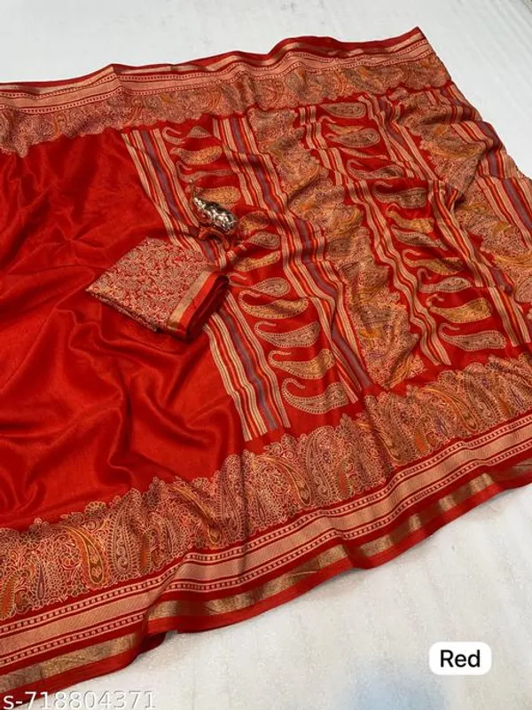 Red_Pure_Soft_Tussar_Kashmiri_Printed_Saree_For_Women_With_Rich_Pallu_Fancy_Golden_Border_Designer_Saree_With_Blouse_Festive_Party_Wedding_Wear_Saree