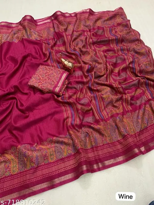 Maroon_Pure_Soft_Tussar_Kashmiri_Printed_Saree_For_Women_With_Rich_Pallu_Fancy_Golden_Border_Designer_Saree_With_Blouse_Festive_Party_Wear_Saree